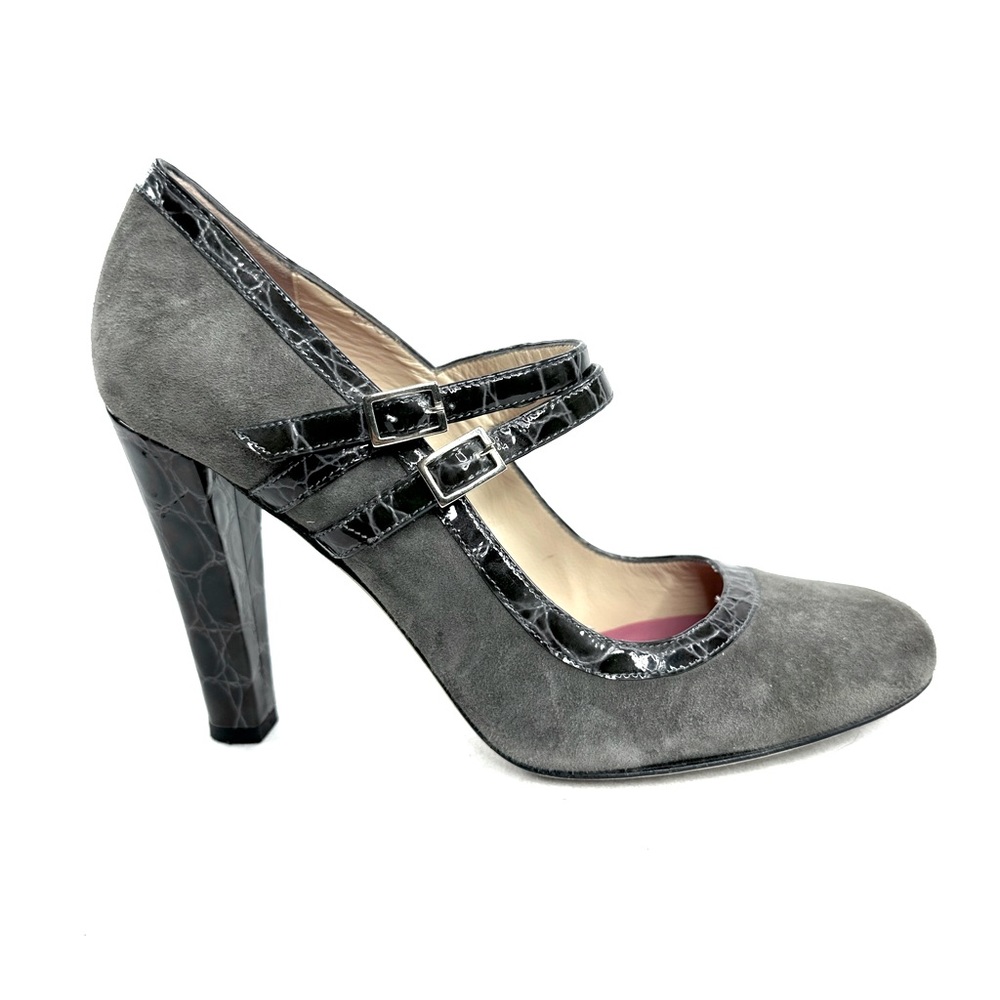 Kate Spade Women Size 9 Gray Suede Strap Heel Pump Embossed Croc Leather Trim